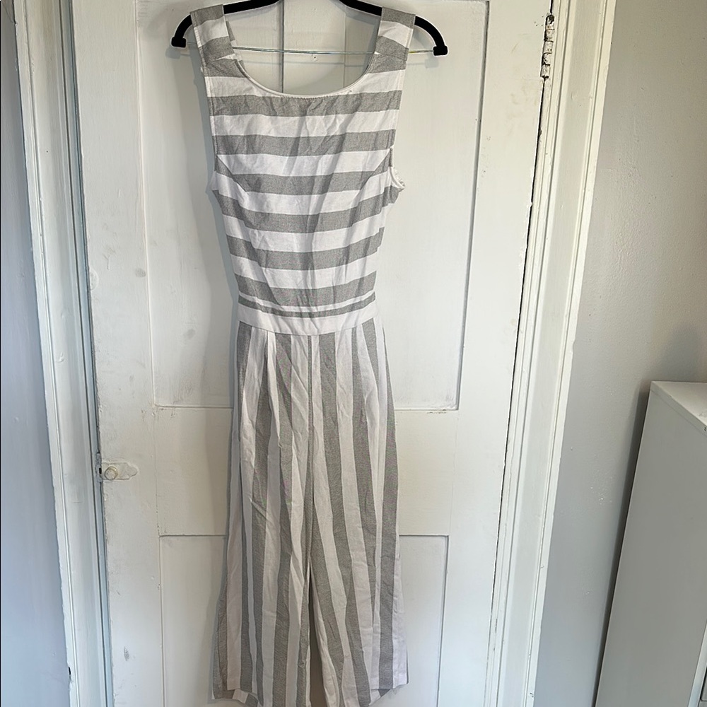 Striped Gray and White Sleeveless Linen Jumpsuit